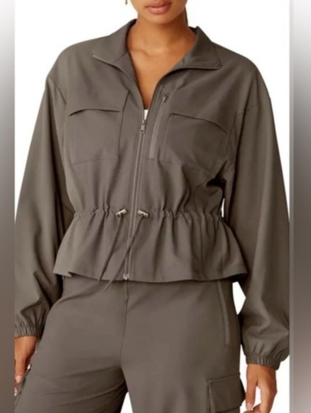 Beyond Yoga City Chic Jacket With Pockets In Dune Taupe Size Medium